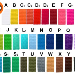 Puede incluir: Una carta de colores con una variedad de muestras de correas de nailon tejido. Las muestras están dispuestas en filas y columnas, mostrando un espectro de colores que incluye blanco, amarillo, naranja, rojo, rosa, morado, azul, verde, marrón y negro. Un gráfico naranja y marrón está en la esquina superior izquierda.