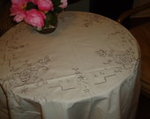 Vintage Ecru Tablecloth with Drawn Work Madeira Like Embroidery 63 inch round 6 Napkins Cotton, Set a Perfect Tea, Luncheon or Dinner Table
