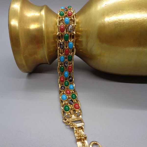 Vintage Egyptian Revival Costume Bracelet Faux Gem Cabochon Style Gold Tone