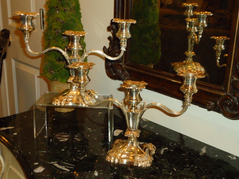 PAIR ANTIQUE BRONZE /& SILVERPLATE 3 ARM CANDELABRA ROCOCO