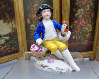 RARE Antique Gold Anchor Chelsea Soft Paste Porcelain Figurine of Young French Boy with Market Basket & Poultry under His Arm 1756-1769