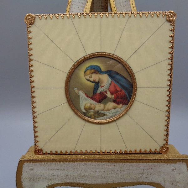 Rare***Vintage Miniature Mary and Christ Child, Wall or Desk Icon, Plaque Piano Key Celluloid Frame with Metal Work  Made in France