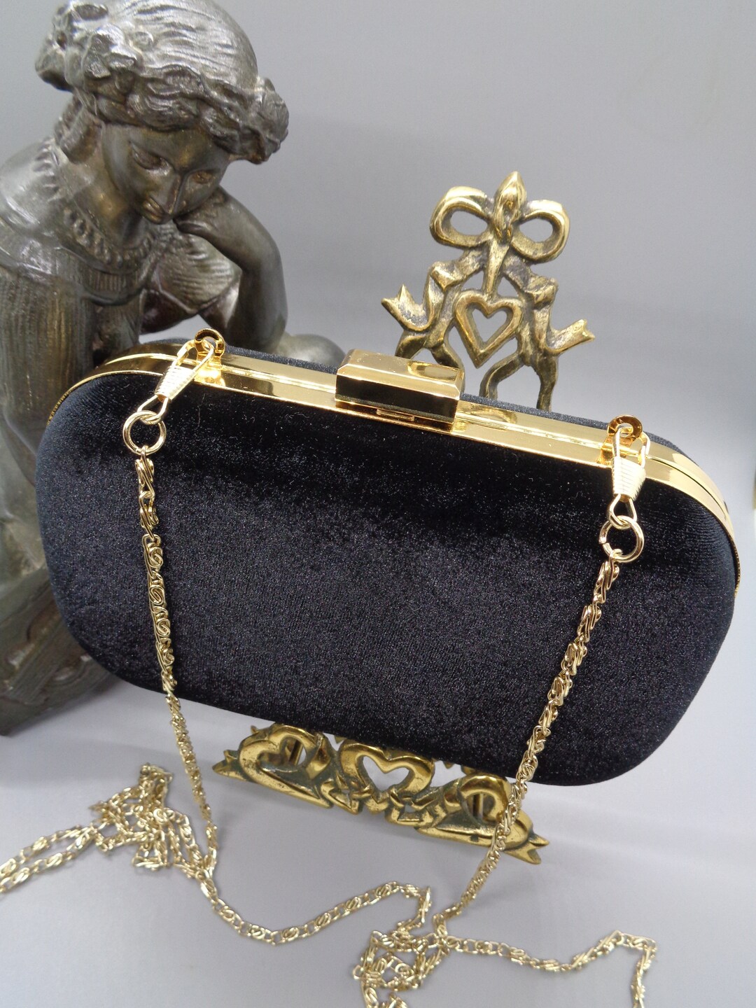 Vintage carmen Marc Valvo Black Velvet Hard Shell Evening Bag Gold