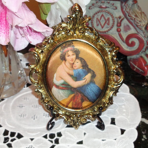 Italian Florentine Silk Print of MOTHER and CHILD  Wall Art Antiqued Metal Frame  Made in Italy