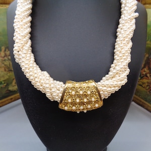 Vintage Elegant Multi Strand Choker Necklace Faux Pearls with Gold Encrusted Pearls