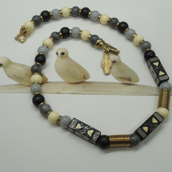 Eisenberg Artist Series Signed Gray, Black and Cream and Enamel Bead Choker Necklace. Gold plated findings. 14 3/4" long.