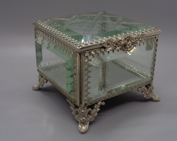 Vintage TAHARI Home Footed Beveled Glass Jewelry Casket/ Box Hollywood