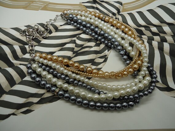 Vintage 6 Strand Faux Pearls in Cream, Champagne … - image 1