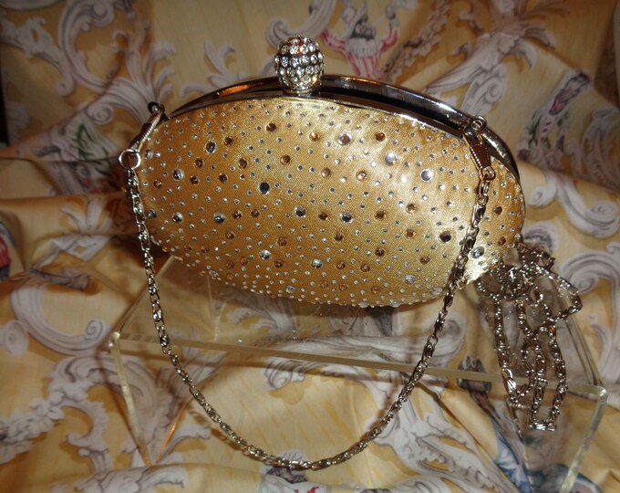 Vintage christiana Beaded Hard Shell Evening Bag Gold Silk Silver