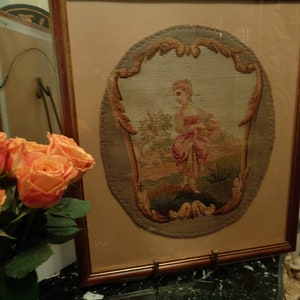 ANTIQUE FRENCH 19th Century Needlepoint Upholstery  21 x 24 inches from Seat Back is float mounted & Painted Frame FREE Shipping