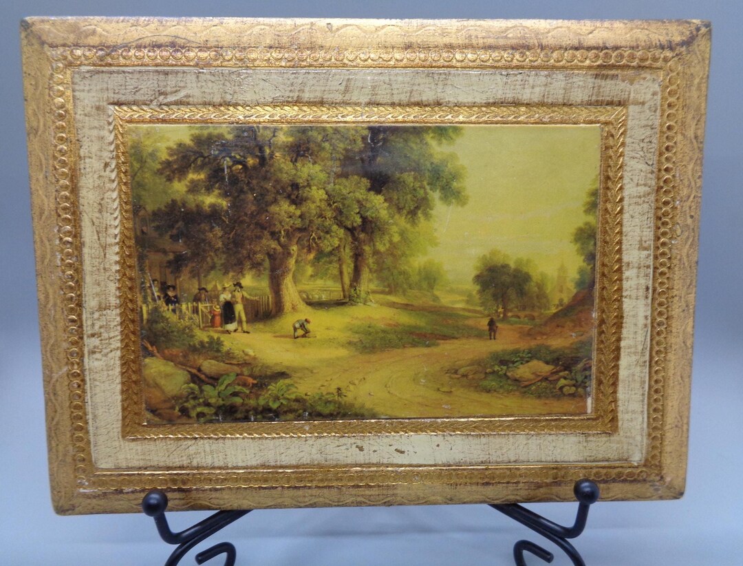Italian Florentine Gilt Wood Plaque With Pastoral Scene, Hand Painted ...