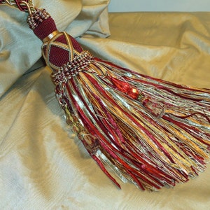 Designer 7 inch Tassel , Cranberry, Gold, and a Touch of Sage and Beaded