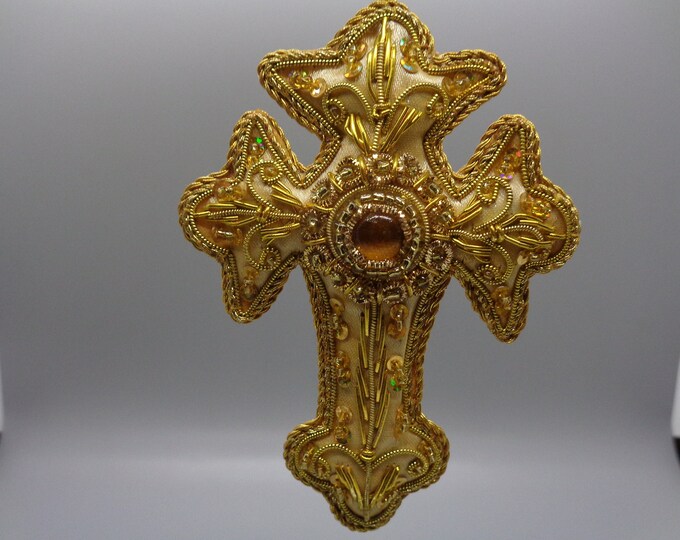 Vintage GOLD CROSS Ornament Silk & Beaded Christmas Tree Etsy