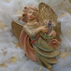 Vintage Italian &quot;ANGEL with Harp&quot; Religious. Christmas, Catholic Statue Handmade, Hand Painted in Italy Hallmarked