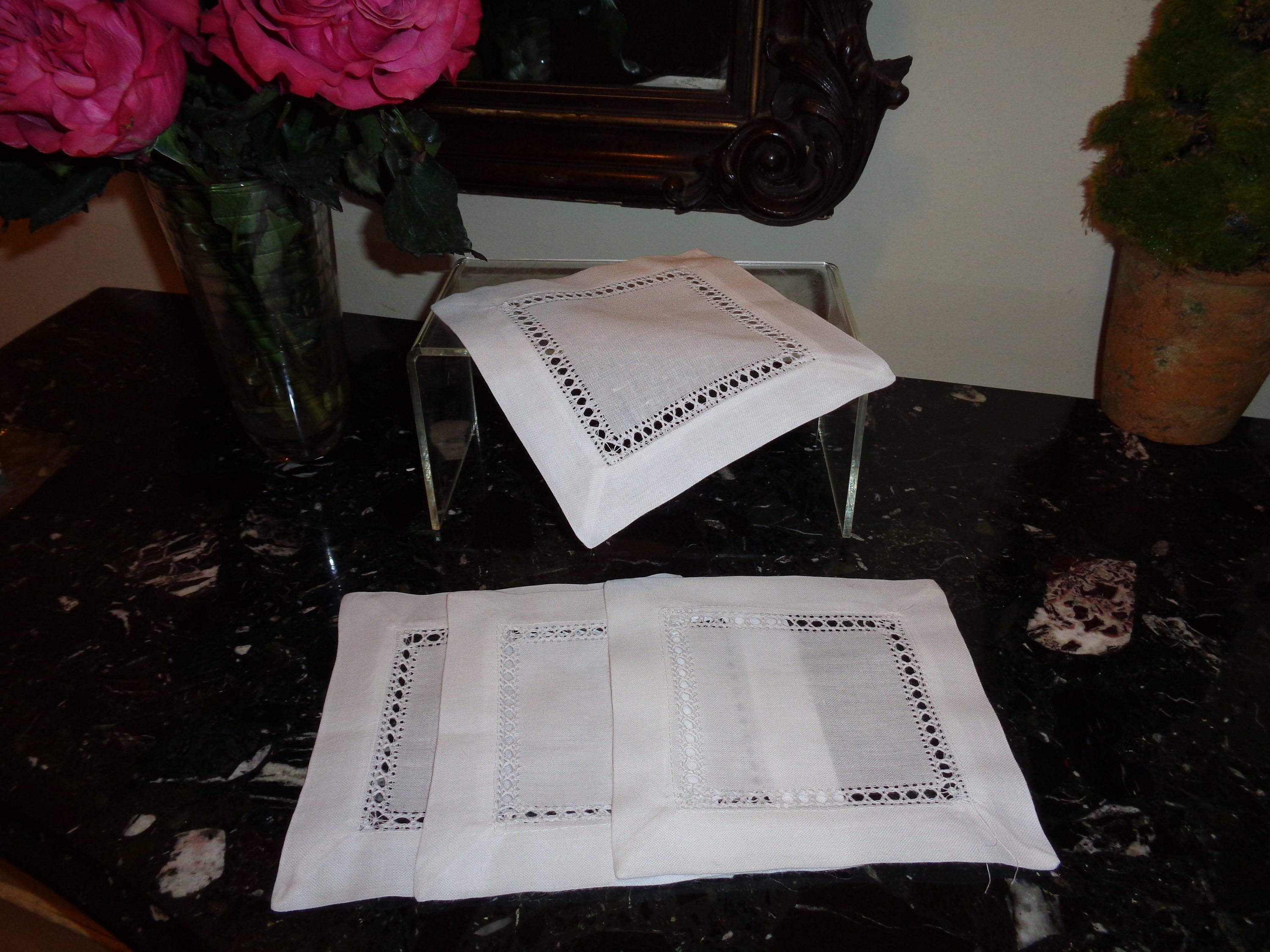 Vintage Elegant Cocktail Napkins LINEN HEMSTITCH Set of 4 Etsy