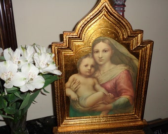 Vintage LARGE Gilt Wood Frame "The Sistine Madonna" by Raphael Made in Italy 19 by 13 inch