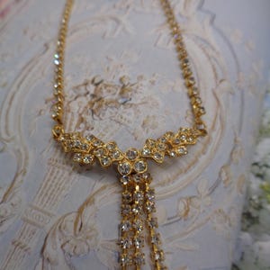Vintage Stunning Choker Tassel Necklace Rhinestone 17 inch  Gold Tone Setting