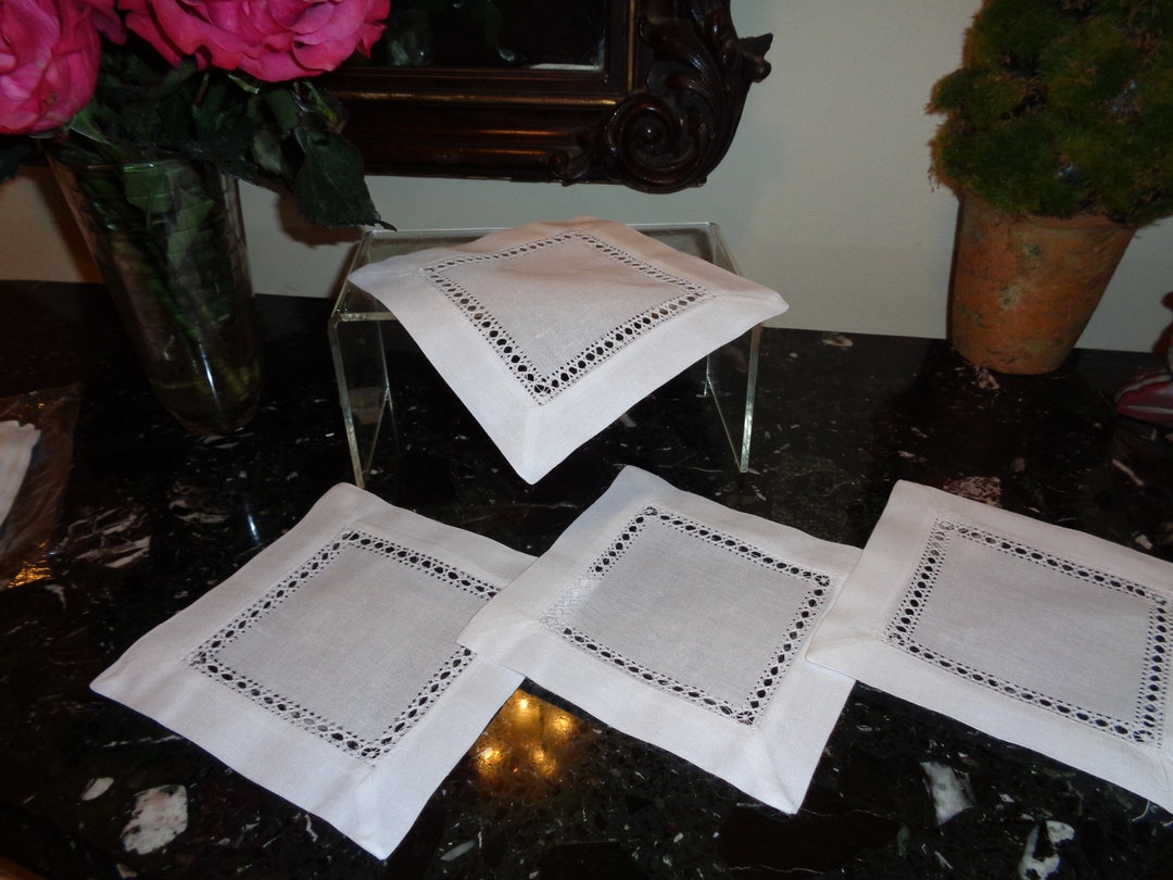 Vintage, Elegant Cocktail Napkins LINEN HEMSTITCH Set of 4 Napkins 6 X