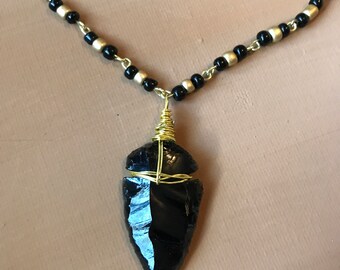 Obsidian Arrowhead and Gold Necklace
