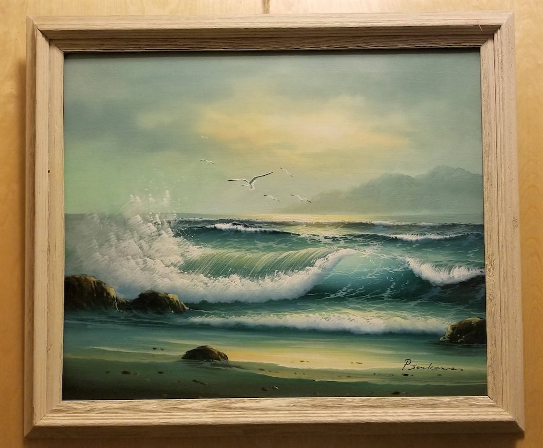Antique Oil Painting Seagulls Flying Over Ocean Beach Sea