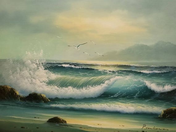 Antique Oil Painting Seagulls Flying Over Ocean Beach Sea