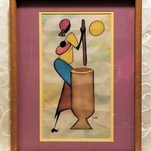 Vintage Framed African Haitian Jamaican Inspired Original Painting on Canvas Signed By Artist