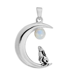 Rainbow Moonstone Moon Gazing Hare in Moon Pendant