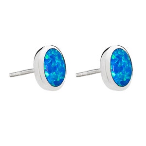 Large Blue Opal Stud Earrings: 925 Silver Round Inlay