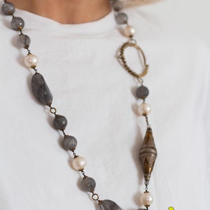 Necklace with sweet water pearls, nebula stone beads, silver antique silver gold nomad items and a hand made lock