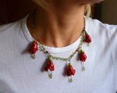 Peridot coral red necklace collier glass flowers - Venice glass handmade glass peridot coral