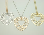 Gold heart diamond pendant long chain necklace silver