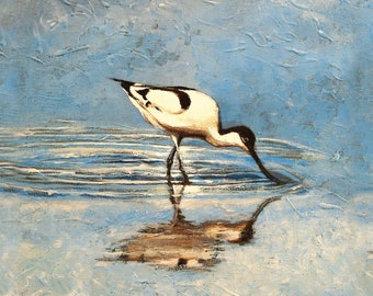 Avocet with reflection fine art print from original painting by Cliff Towler, Wildlife art print, bird painting prints, bird art, wildlife