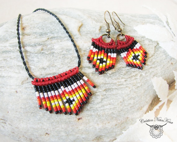 Red Pear Mandala jewelry set Macrame necklace macrame bracelet and beadwork earrings Ethno necklace