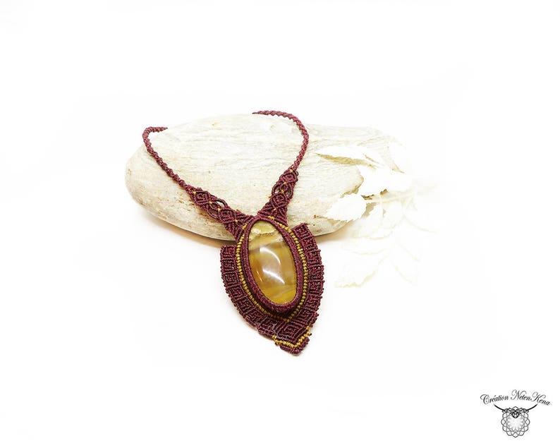 elf necklace ceremonial necklace baroque necklace Fairy jewel Macrame necklace with Calcite- Burgundy necklace Cr\u00e9ation Netenkena