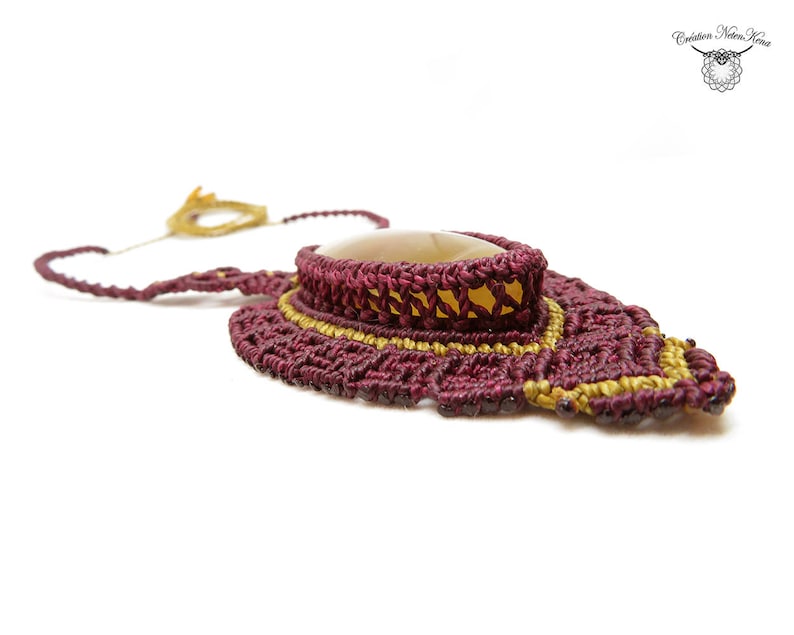 elf necklace ceremonial necklace baroque necklace Fairy jewel Macrame necklace with Calcite- Burgundy necklace Cr\u00e9ation Netenkena