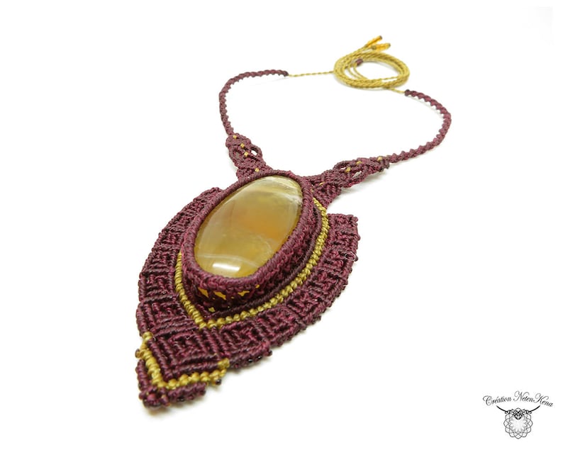 elf necklace ceremonial necklace baroque necklace Fairy jewel Macrame necklace with Calcite- Burgundy necklace Cr\u00e9ation Netenkena