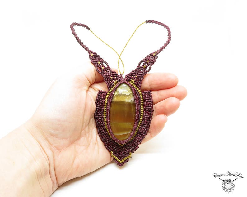 elf necklace ceremonial necklace baroque necklace Fairy jewel Macrame necklace with Calcite- Burgundy necklace Cr\u00e9ation Netenkena