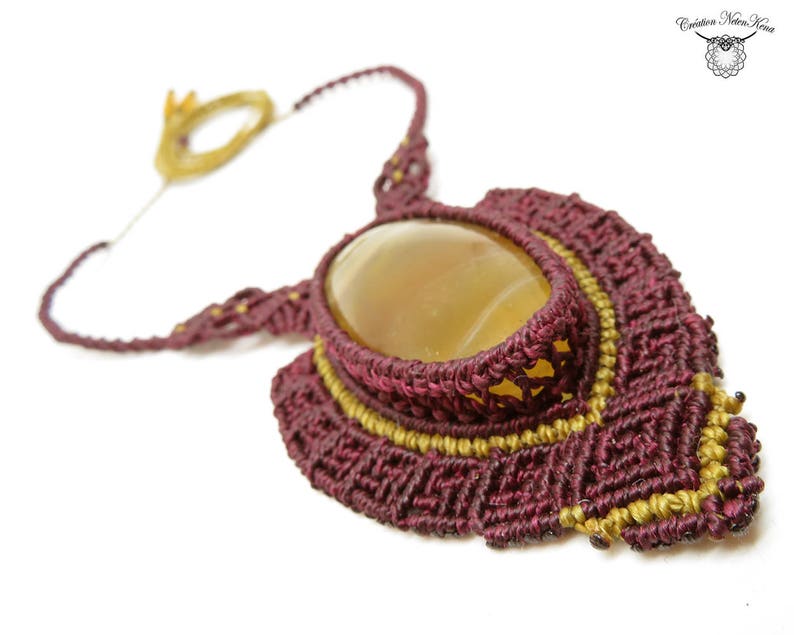 elf necklace ceremonial necklace baroque necklace Fairy jewel Macrame necklace with Calcite- Burgundy necklace Cr\u00e9ation Netenkena