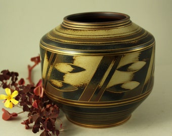 Gunnar Nylund Art Deco Flambé Vase, Rörstrand 1930er Jahre, Goldakzente, Dekor 'Dorn' 1930's