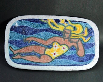 Erik Pløen Stoneware Bowl: Mid-Century Modernist Bathing Beauty, 1948