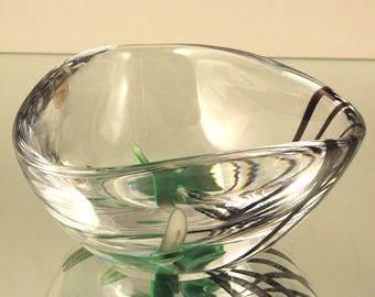 Triangular Swedish Modern Bowl by Lindstrand for Kosta, 1950s Scandinavian Glass, Original Label