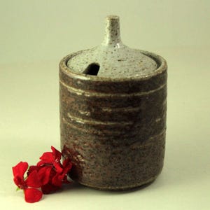 Puede incluir: Un azucarero cilíndrico de cerámica con tapa. El cuenco es marrón moteado con rayas blancas horizontales. La tapa es de color gris claro con una pequeña abertura. Un grupo de flores rojas descansa cerca de la base.