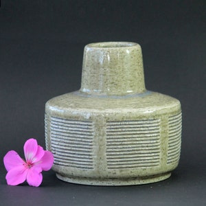Peut inclure: Un vase en céramique vert clair avec une surface texturée et des détails linéaires horizontaux. Le vase a un corps cylindrique et un col plus étroit. Une fleur rose à cinq pétales est posée à côté du vase.