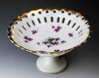 Vintage Thames Hand Painted Floral Porcelain Pedestal Compote Dish, Cut out rim, Gold Trim.