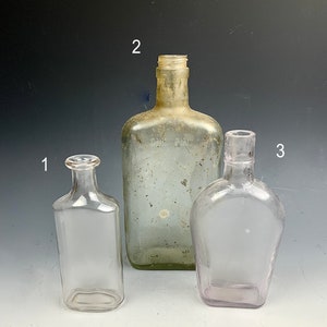 Three old vintage glass bottles, collectible antique bottles, assemblage supply, art supply