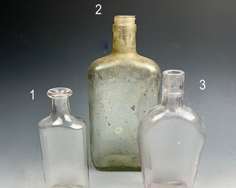 Three old vintage glass bottles, collectible antique bottles, assemblage supply, art supply