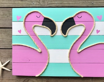 Handmade "Flamingos in Love" Beach Pallet Art Flamingo Art Flamingo Rope Art Coastal Decor Nautical Art