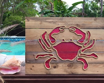 Handmade Crab with Rope© Beach Pallet Art Coastal Decor Rope Art Pallet Art Crab Art Nautical Art
