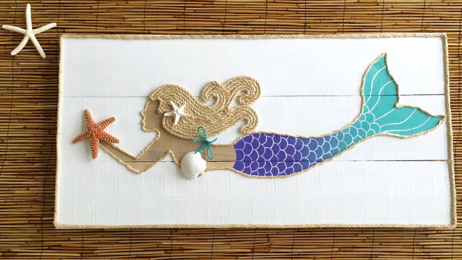 Handmade Swimming Mermaid with Rope Beach Pallet Art Coastal Decor ...