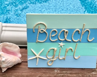 Handmade Beach Girl Pallet Art Rope Art Nautical Art Coastal Decor
